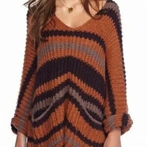 Free People Orange Purple Striped Oversized Knit Sweater XS Boho Fall Wool Blend